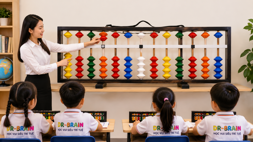 Giáo viên trình diễn bàn tính DR-BRAIN trước lớp